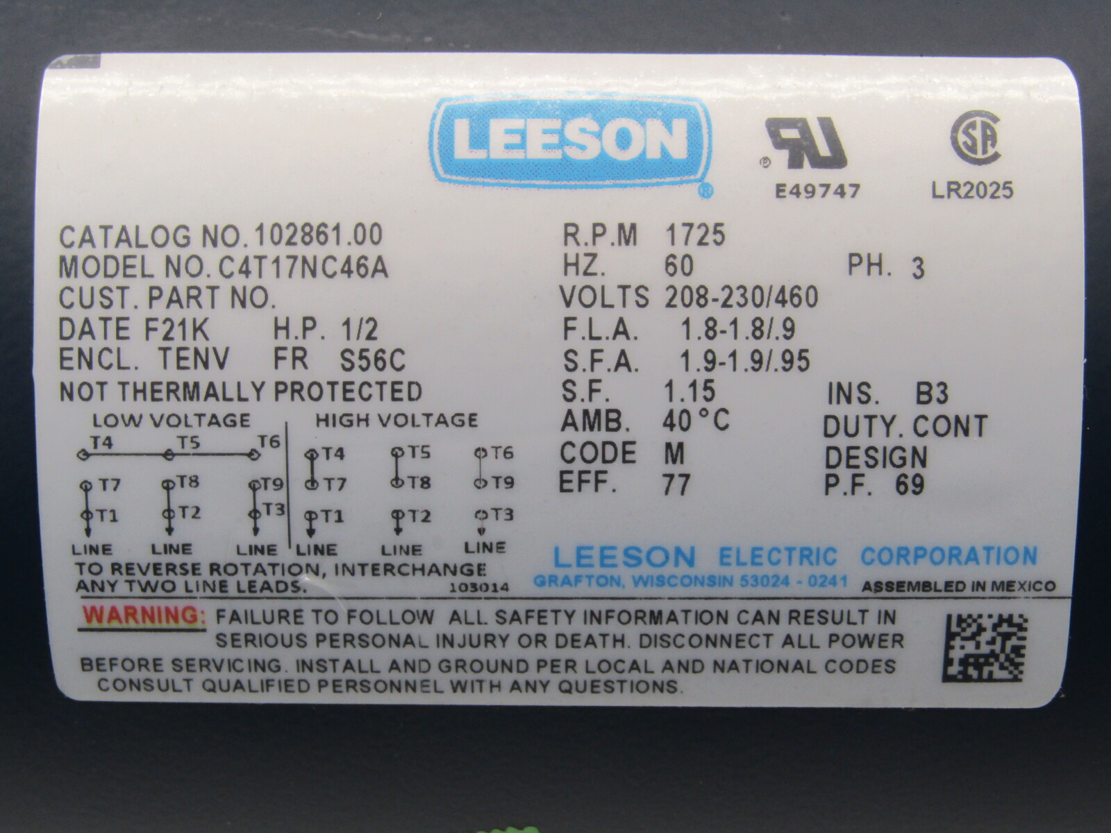 MTR,1/2HP,3PH,60HZ,56C   #102861   208-230/460V,1725